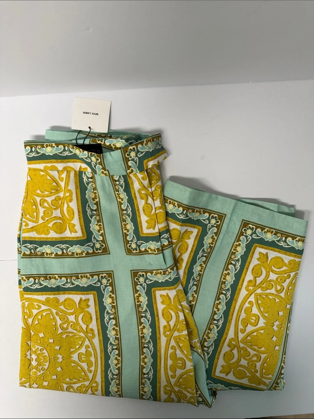 Zara Yellow & Mint Baroque Print Linen Blend Wide Leg Trousers Size Small